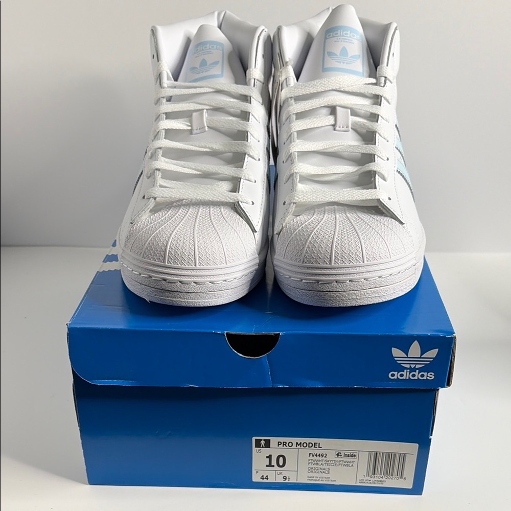 adidas NEW White High-Top Pro Model Sneakers with Pale Blue Stripes FV4492 - Picture 6 of 7